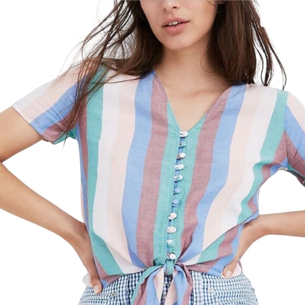 Madewell Striped V Neck Short Sleeve Button Front Tie Front Shirt XS